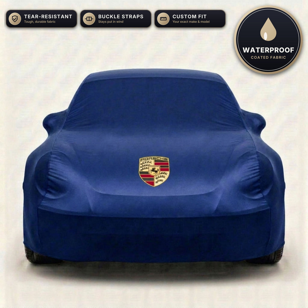Blue Porsche outdoor car cover, waterproof and custom fit, with printed Porsche logo
