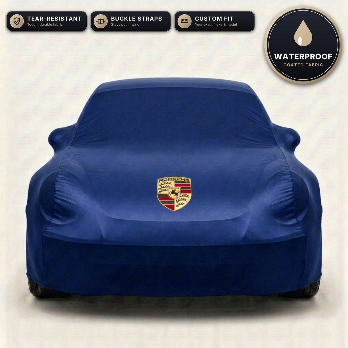 Blue Porsche outdoor car cover, waterproof and custom fit, with printed Porsche logo