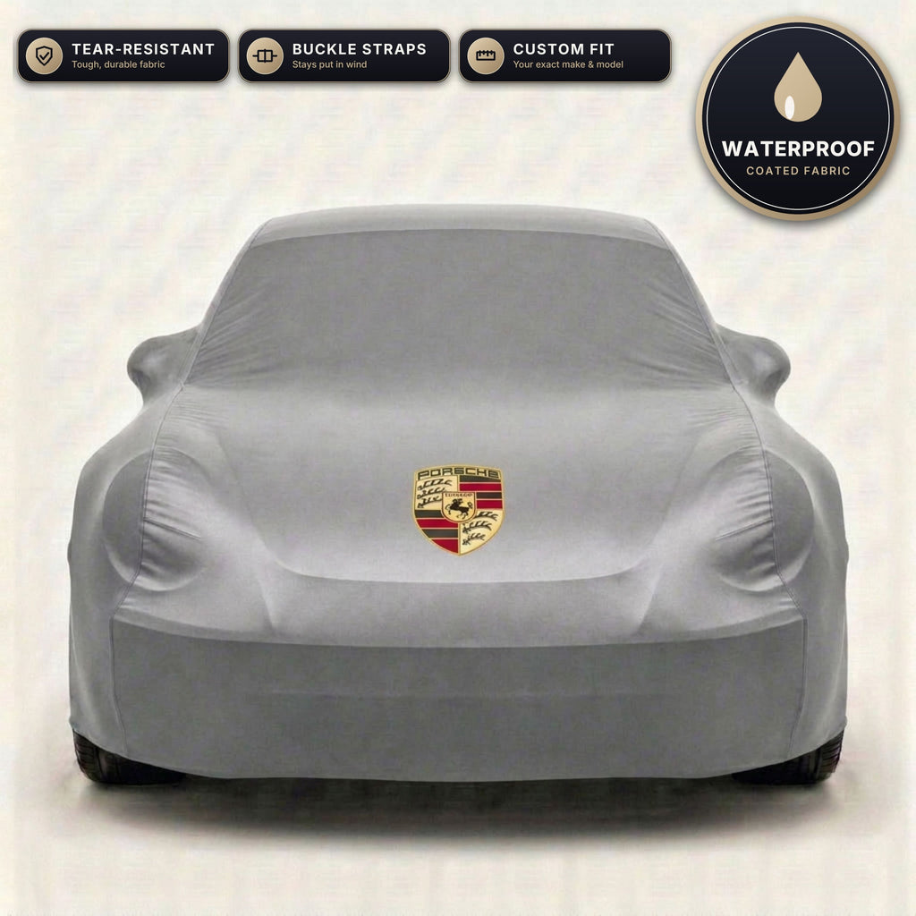 Gray Porsche outdoor car cover, waterproof and custom fit, with printed Porsche logo
