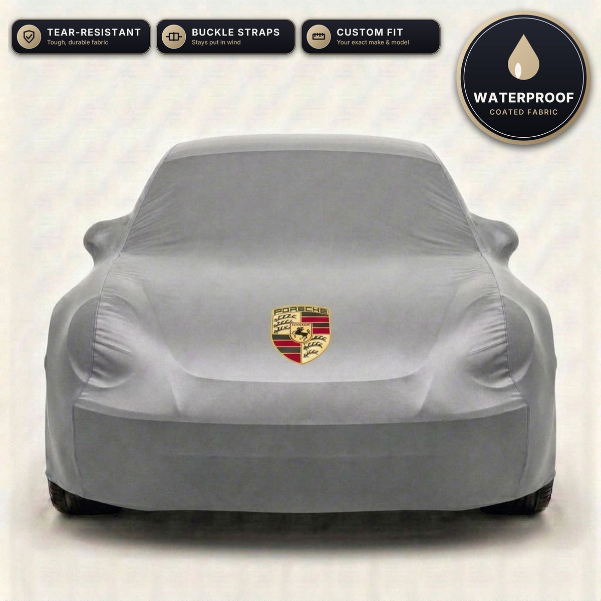 Gray Porsche outdoor car cover, waterproof and custom fit, with printed Porsche logo
