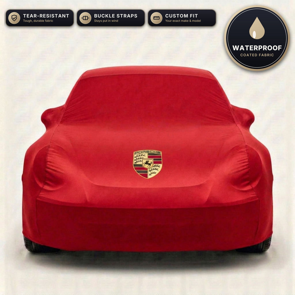Red Porsche outdoor car cover, waterproof and custom fit, with printed Porsche logo