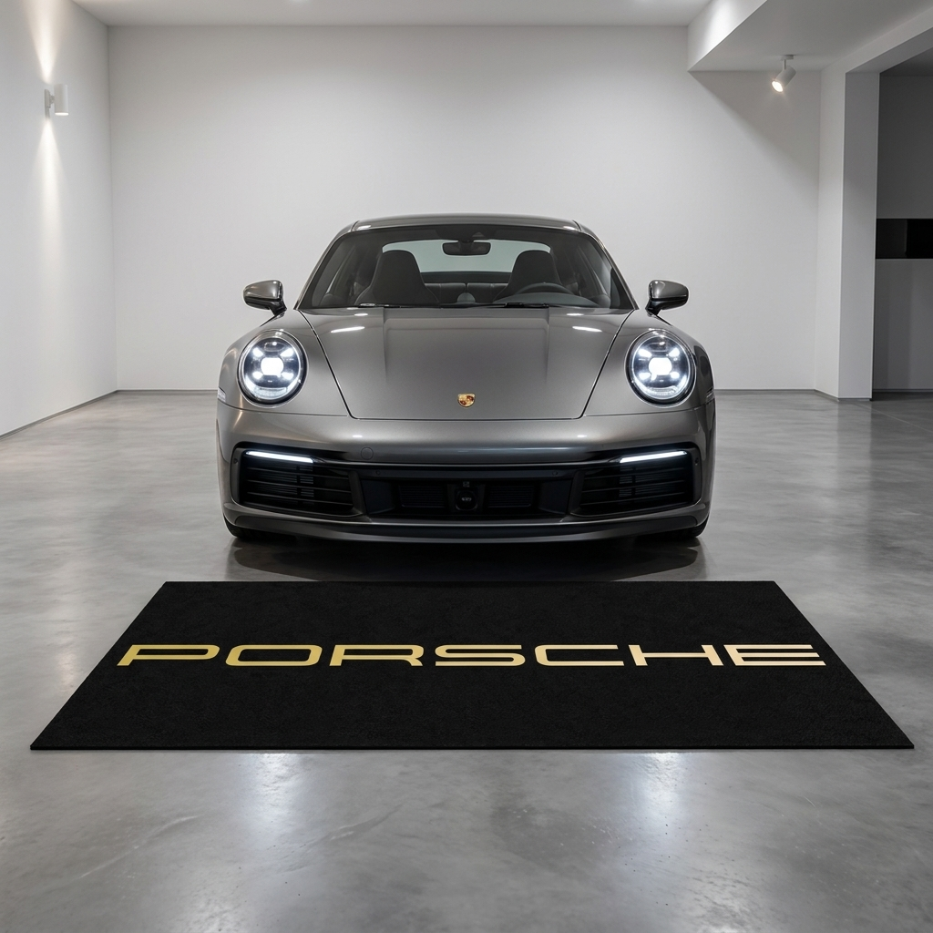 Porsche wordmark gold garage mat premium logo rug 5x7 ft – Luxe Garage Lab