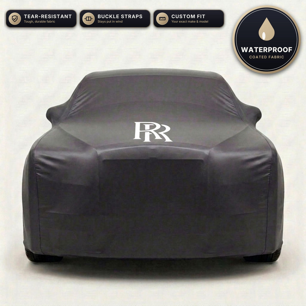 Black Rolls-Royce outdoor car cover, waterproof and custom fit, with printed Rolls-Royce logo