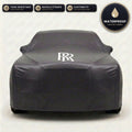 Black Rolls-Royce outdoor car cover, waterproof and custom fit, with printed Rolls-Royce logo