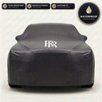 Black Rolls-Royce outdoor car cover, waterproof and custom fit, with printed Rolls-Royce logo