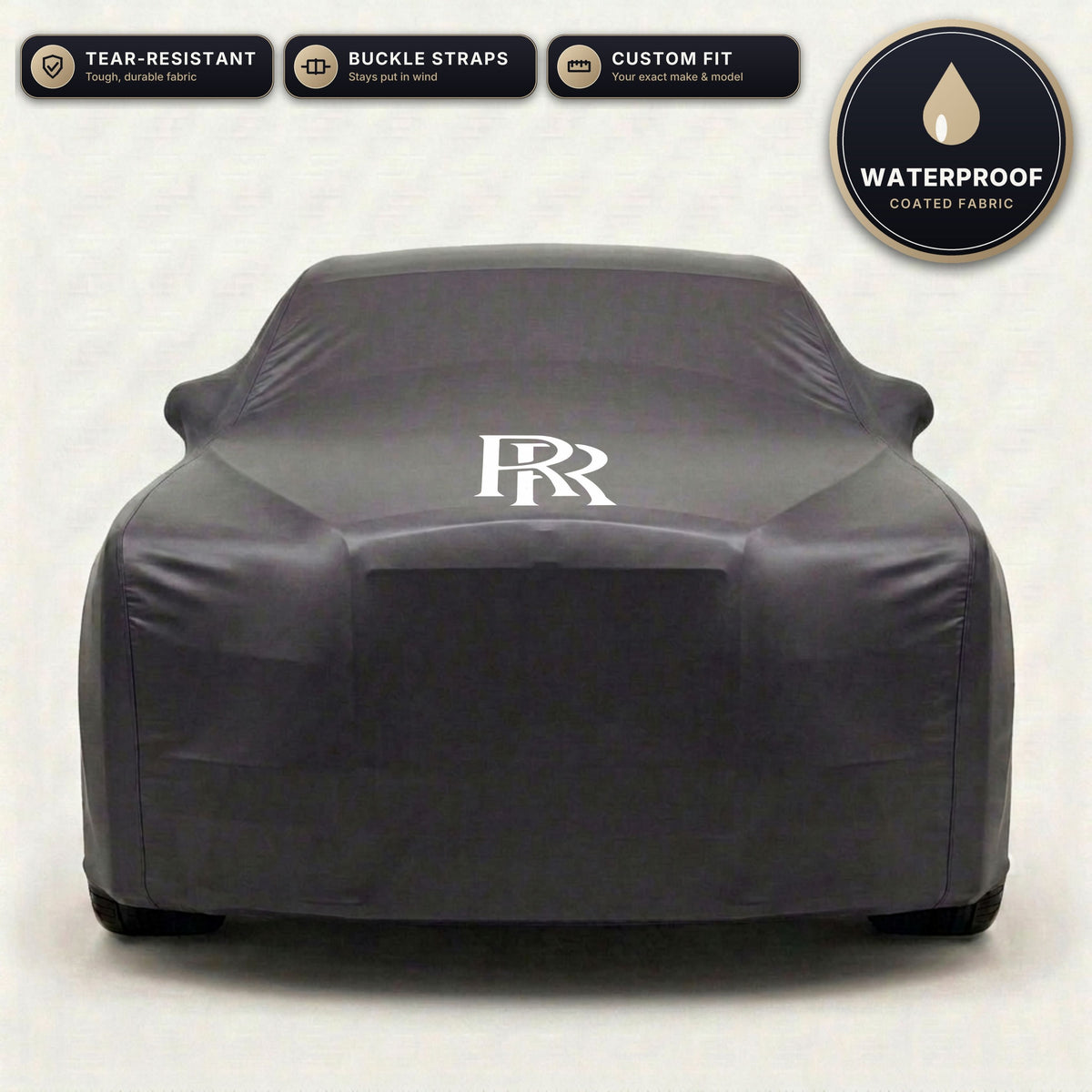 Black Rolls-Royce outdoor car cover, waterproof and custom fit, with printed Rolls-Royce logo
