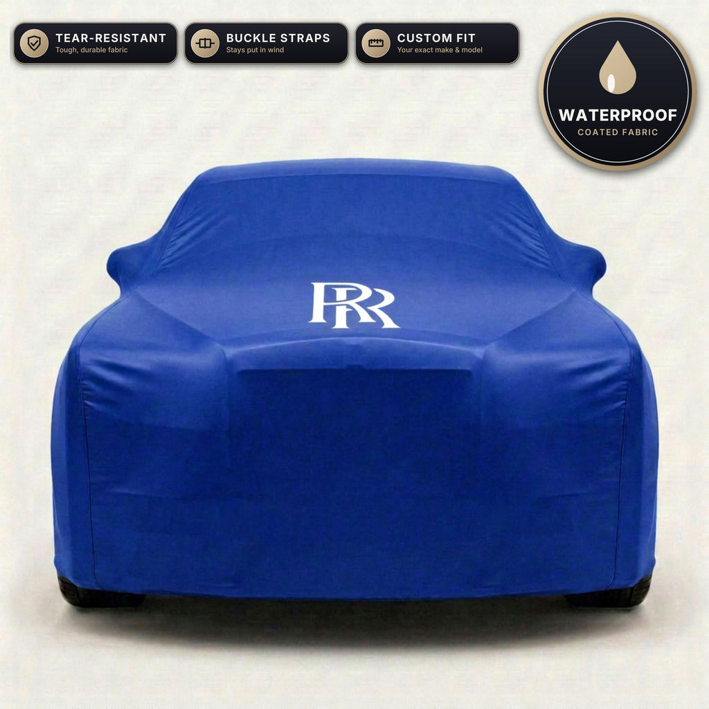 Blue Rolls-Royce outdoor car cover, waterproof and custom fit, with printed Rolls-Royce logo