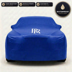 Blue Rolls-Royce outdoor car cover, waterproof and custom fit, with printed Rolls-Royce logo