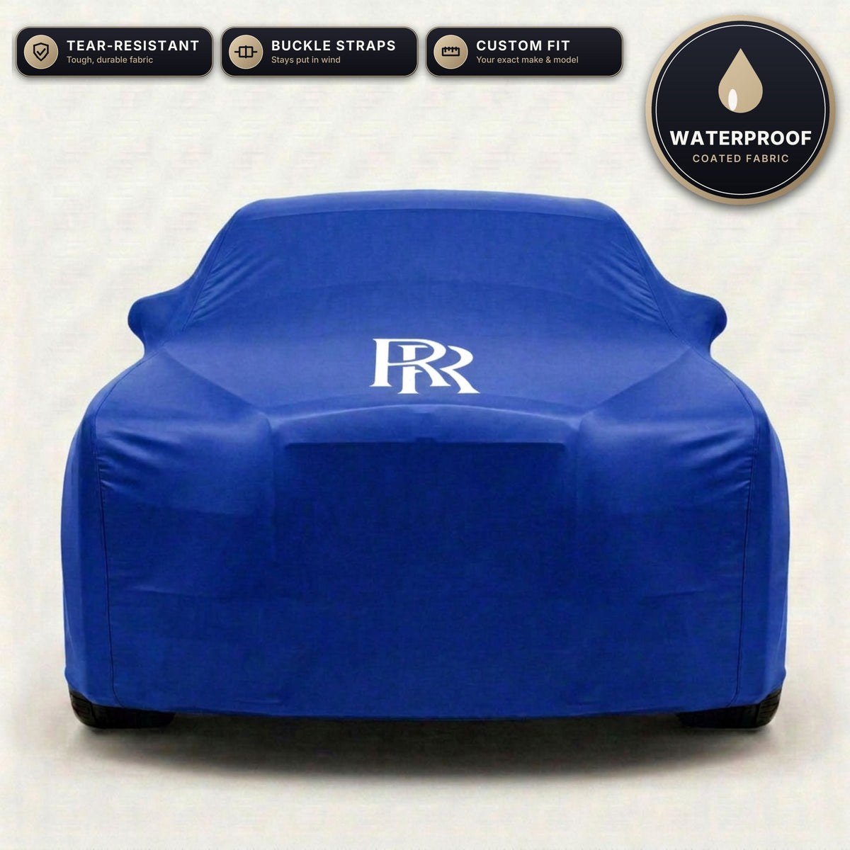 Blue Rolls-Royce outdoor car cover, waterproof and custom fit, with printed Rolls-Royce logo
