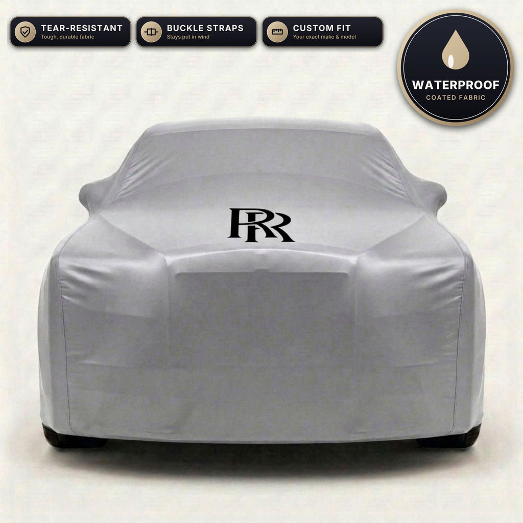 Gray Rolls-Royce outdoor car cover, waterproof and custom fit, with printed Rolls-Royce logo