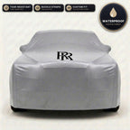Gray Rolls-Royce outdoor car cover, waterproof and custom fit, with printed Rolls-Royce logo