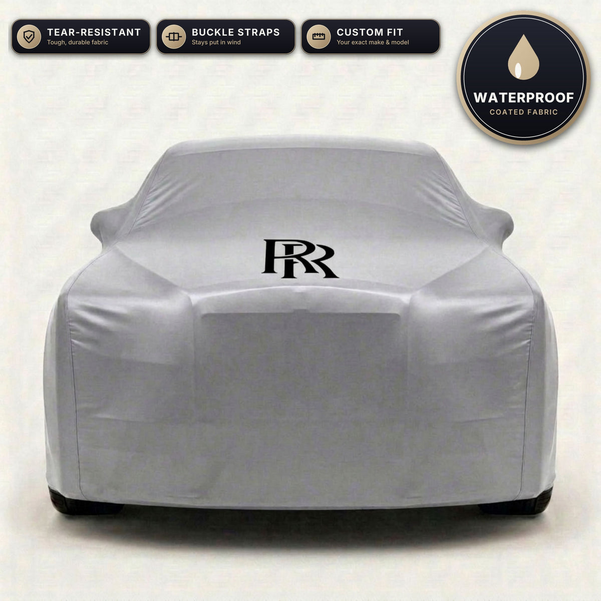 Gray Rolls-Royce outdoor car cover, waterproof and custom fit, with printed Rolls-Royce logo