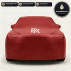 Red Rolls-Royce outdoor car cover, waterproof and custom fit, with printed Rolls-Royce logo