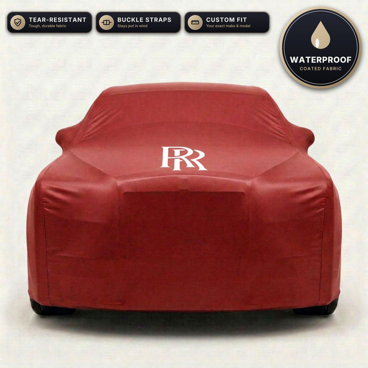 Red Rolls-Royce outdoor car cover, waterproof and custom fit, with printed Rolls-Royce logo