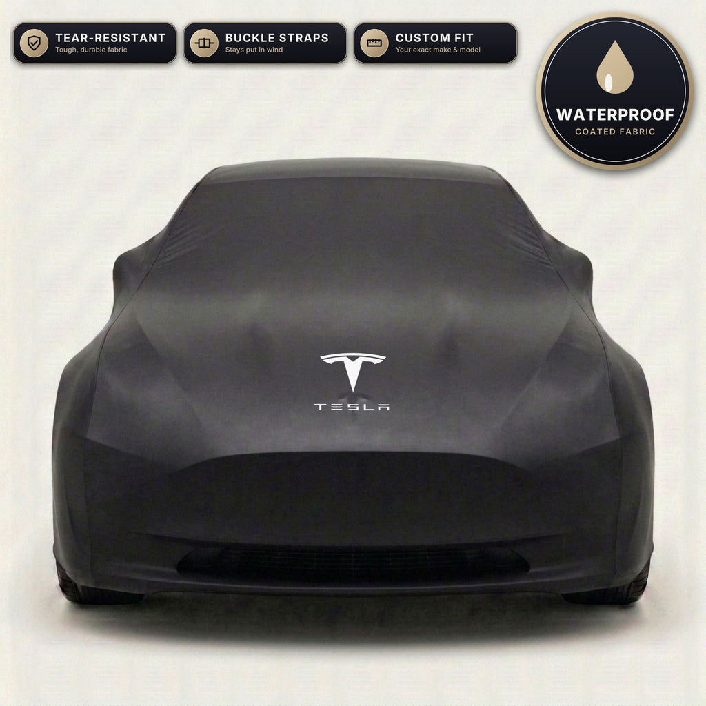 Black Tesla outdoor car cover, waterproof and custom fit, with printed Tesla logo
