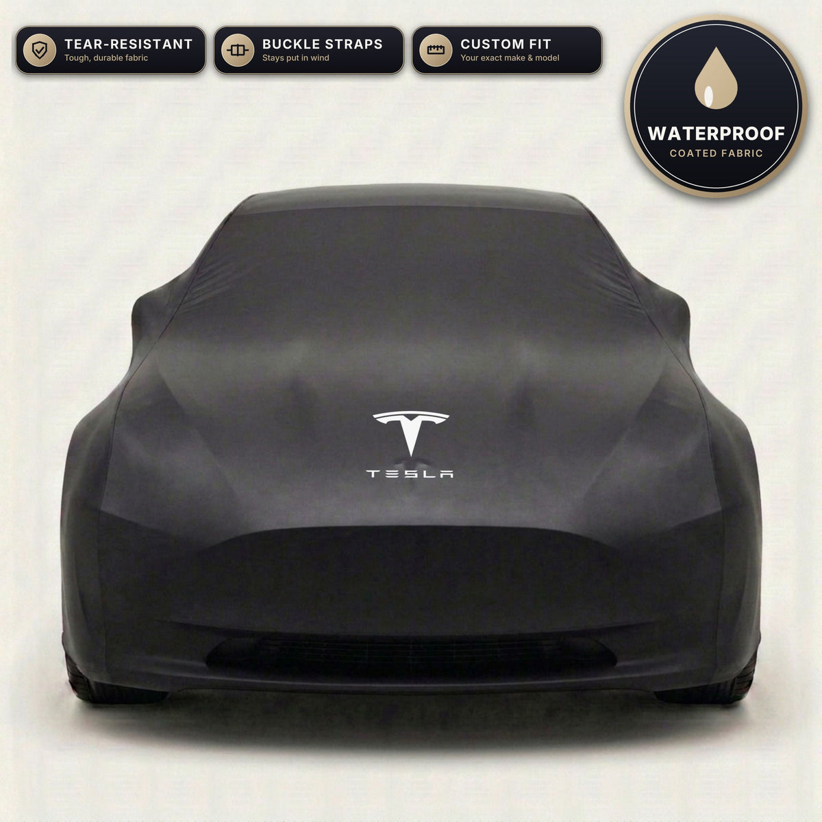 Black Tesla outdoor car cover, waterproof and custom fit, with printed Tesla logo