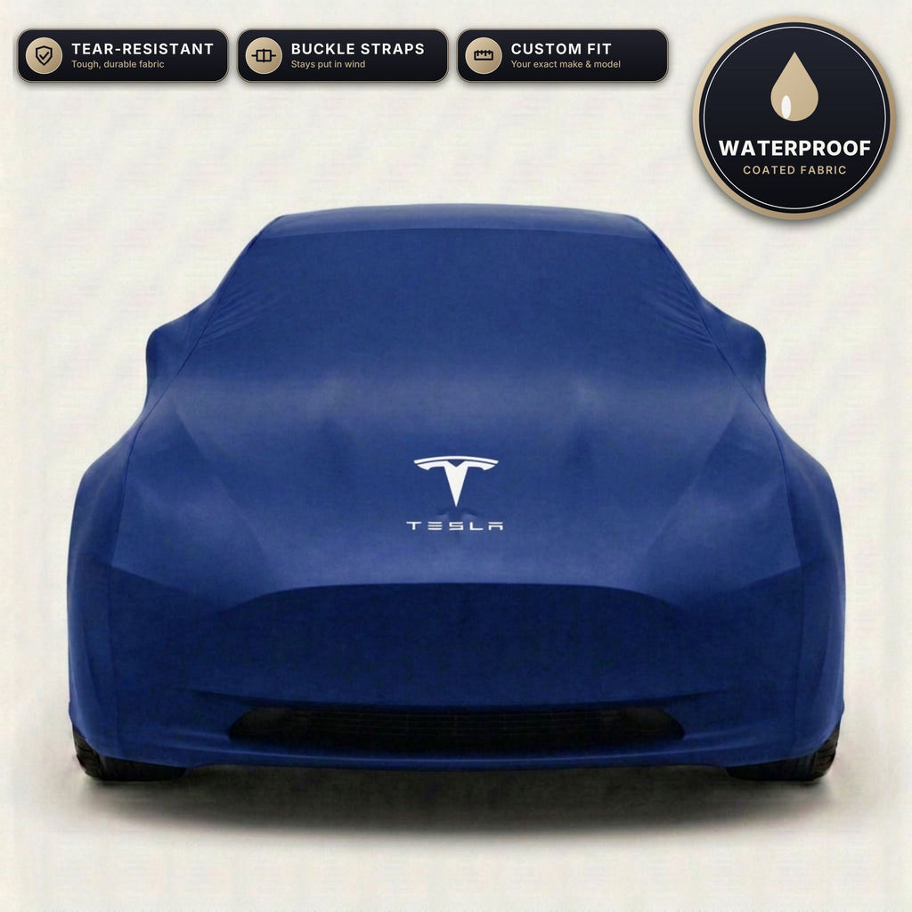 Blue Tesla outdoor car cover, waterproof and custom fit, with printed Tesla logo