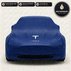 Blue Tesla outdoor car cover, waterproof and custom fit, with printed Tesla logo