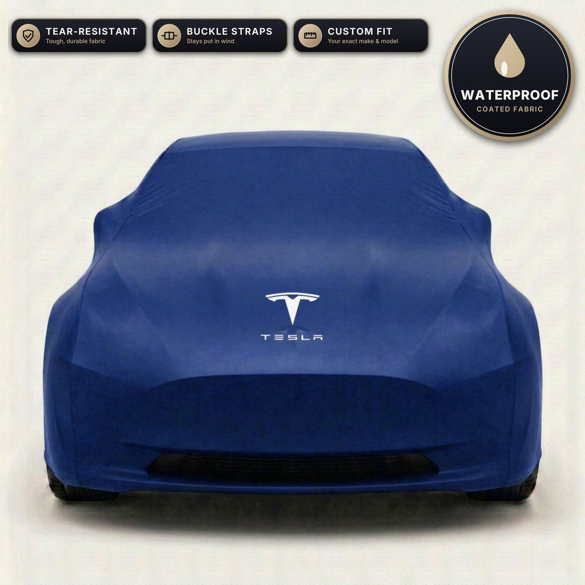 Blue Tesla outdoor car cover, waterproof and custom fit, with printed Tesla logo