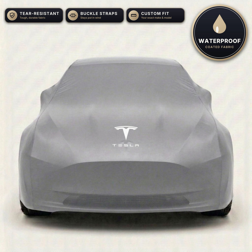 Gray Tesla outdoor car cover, waterproof and custom fit, with printed Tesla logo