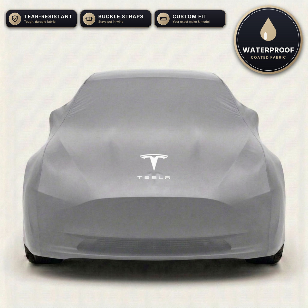 Gray Tesla outdoor car cover, waterproof and custom fit, with printed Tesla logo