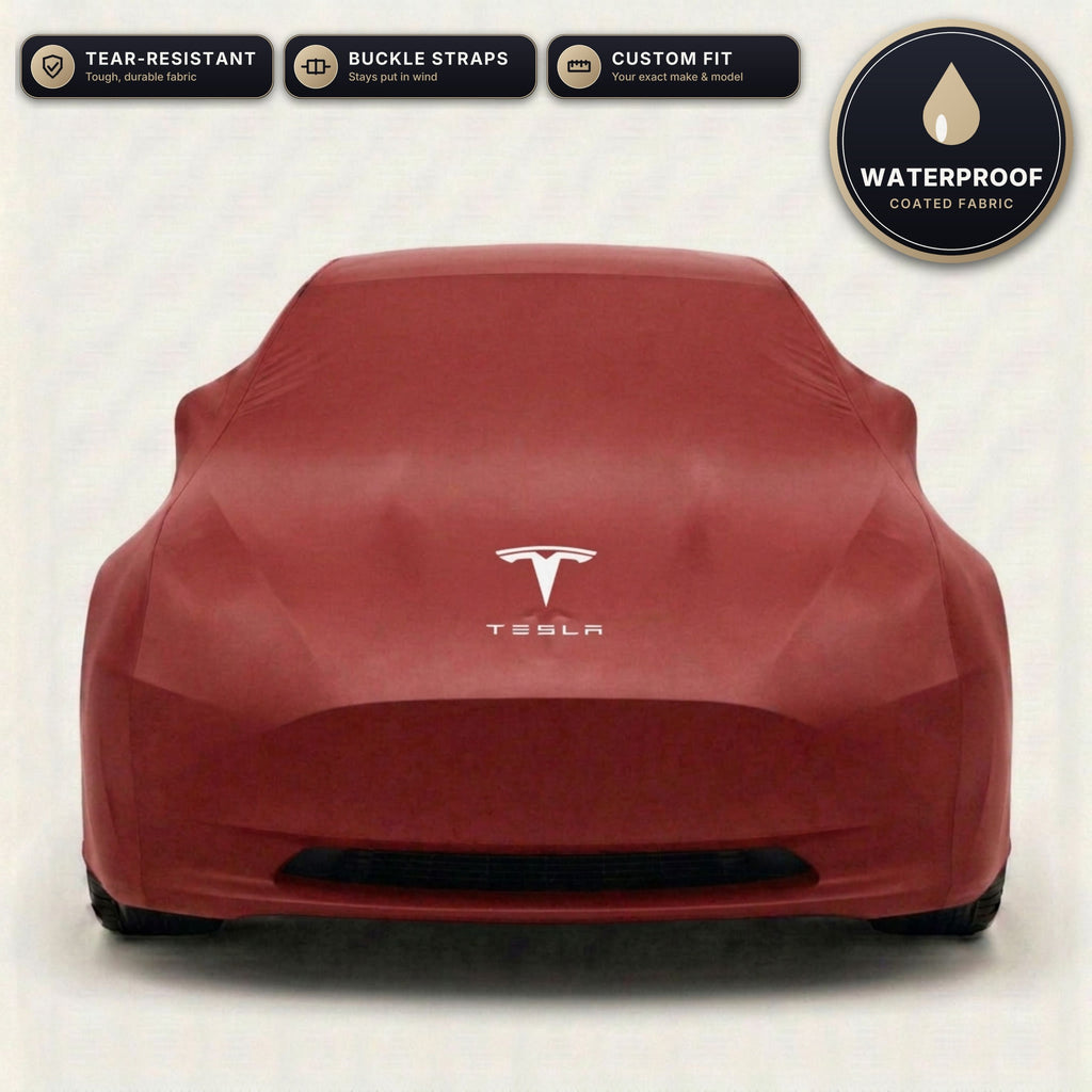 Red Tesla outdoor car cover, waterproof and custom fit, with printed Tesla logo