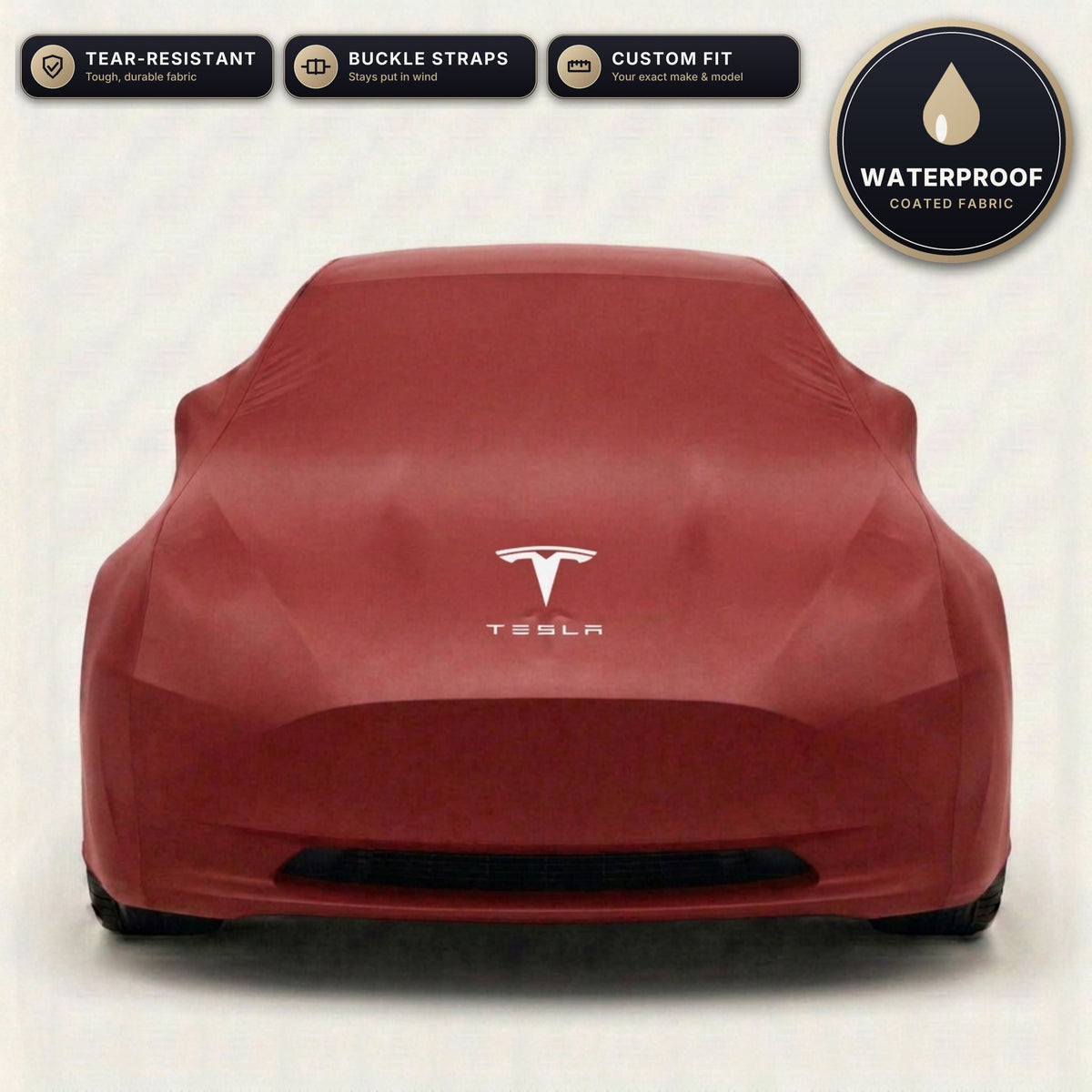 Red Tesla outdoor car cover, waterproof and custom fit, with printed Tesla logo